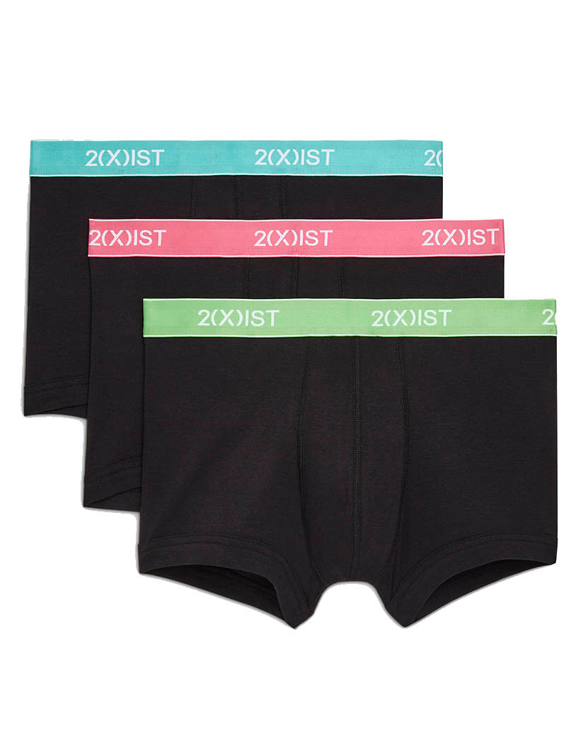 Black W/ Turquoise/ Summer Green/Carmine Rose WB's Flat 2xist Men's Essential Combed Cotton No Show Trunk 3-Pack 020333