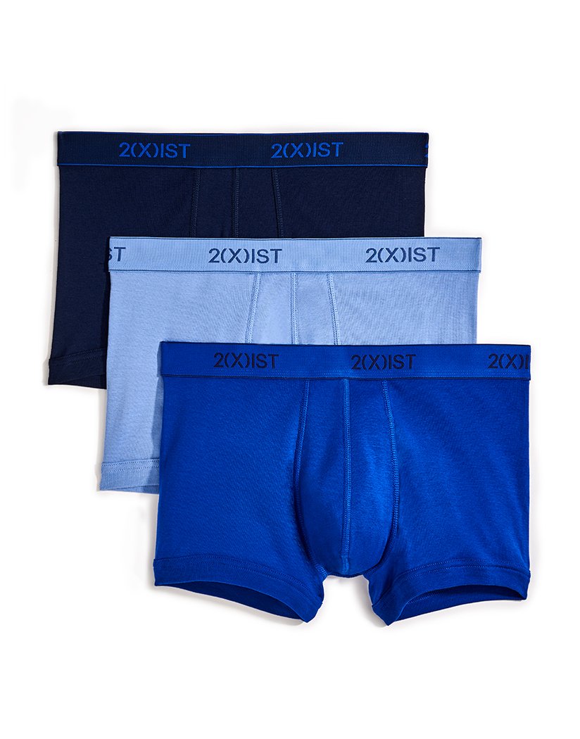 Navy/Cobalt/Porcelain Front 2xist Men's Cotton 3-Pack Essential Core No Show Trunk 020333