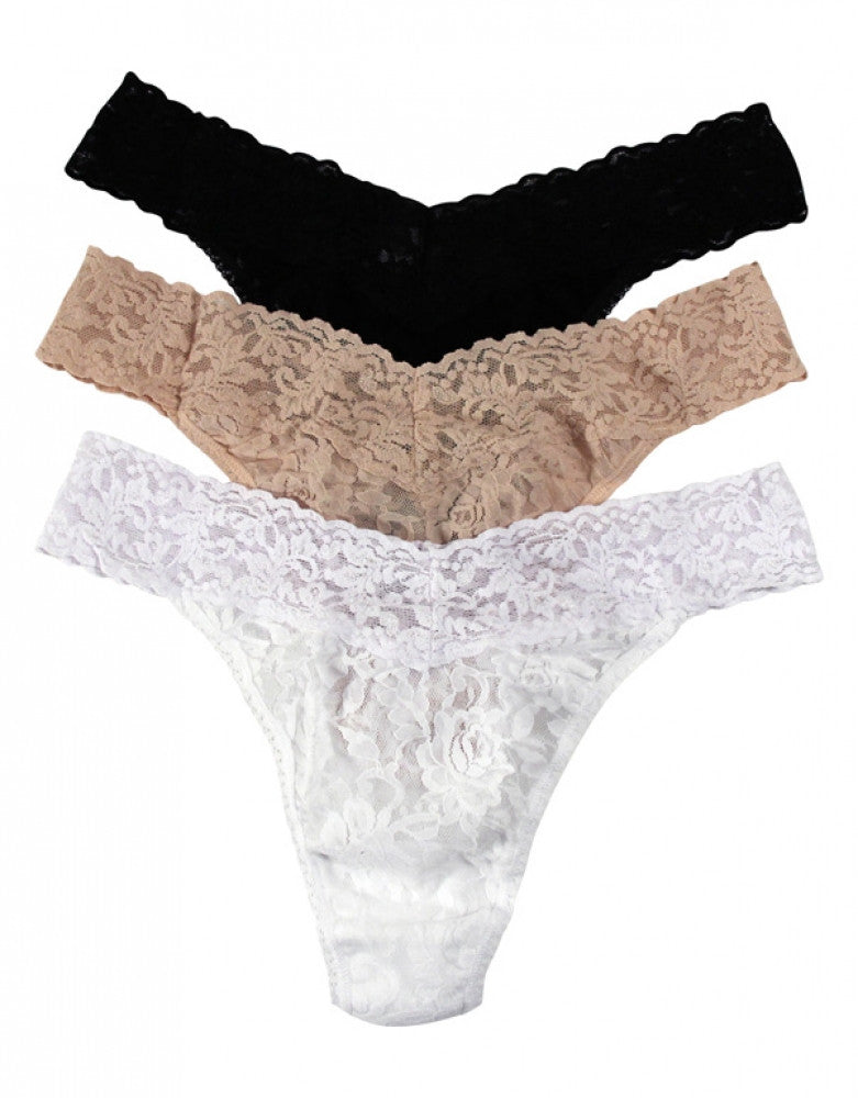  Black/White/Chai Front Hanky Panky 3-Pack Stretch Lace Original Rise Thong
