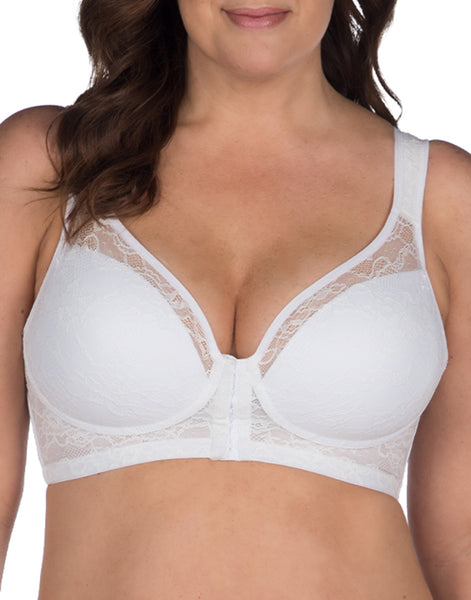 Collections Etc Lace Trim Front Hook Closure Polyester Bra | Wide Straps,  B-DD Cups | Hand Wash | Polyester, Cotton, Nylon, Spandex, Lace