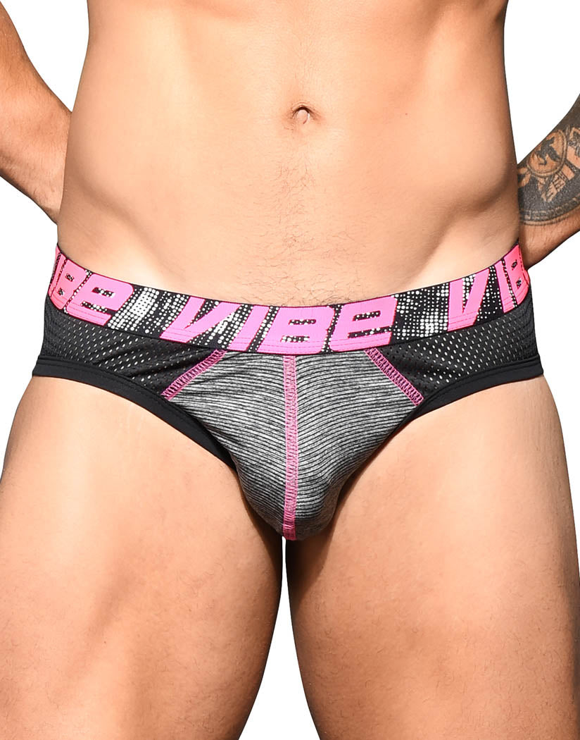 Black/Grey Stripe Front Andrew Christian Vibe Sports Mesh Brief 92440
