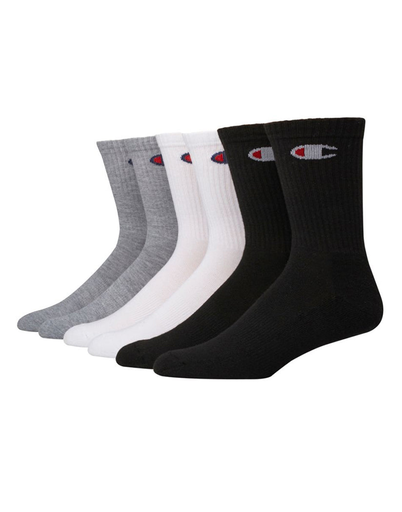 White/Grey Heather/Black Front Champion Men's Logo Crew Socks, 6-Pack CH170