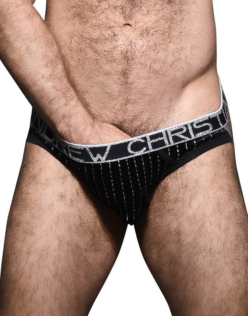 Black/Silver Front Andrew Christian Glam Plush Stripe Brief w/ Almost Naked 92320