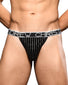 Black/Silver Front Andrew Christian Glam Plush Stripe Y-Back Thong w/ Almost Naked 92321