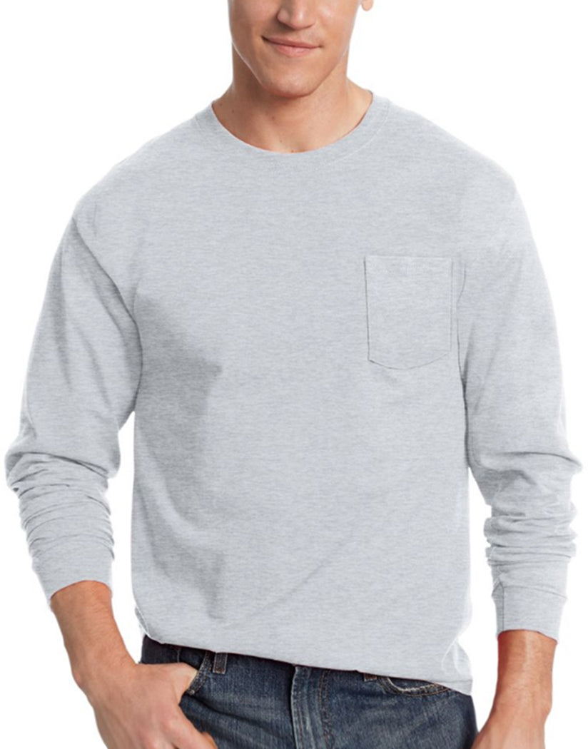 Ash Front Hanes Men's TAGLESSå¨ Long-Sleeve T-Shirt with Pocket 5596