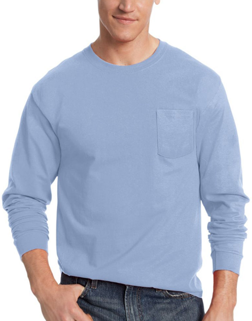 Light Blue Front Hanes Men's TAGLESSå¨ Long-Sleeve T-Shirt with Pocket 5596