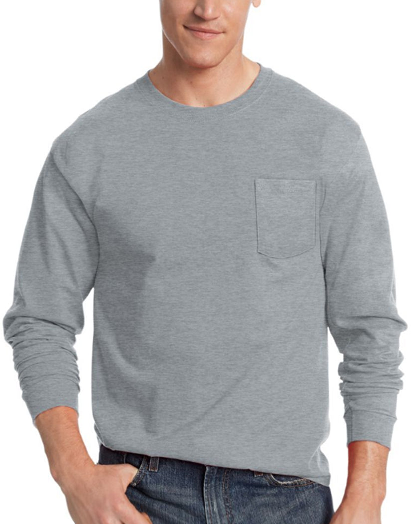 Light Steel Front Hanes Men's TAGLESSå¨ Long-Sleeve T-Shirt with Pocket 5596
