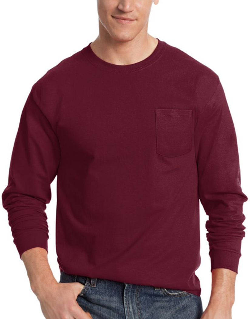 Maroon Front Hanes Men's TAGLESSå¨ Long-Sleeve T-Shirt with Pocket 5596