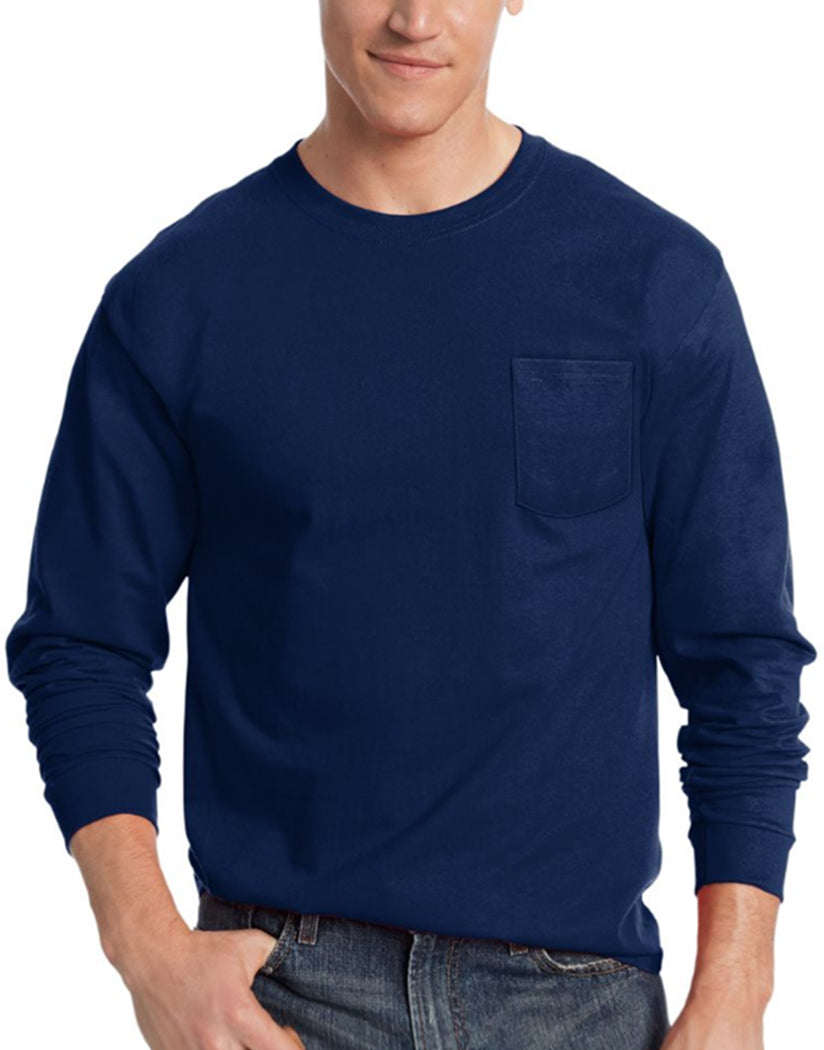 Navy Front Hanes Men's TAGLESSå¨ Long-Sleeve T-Shirt with Pocket 5596