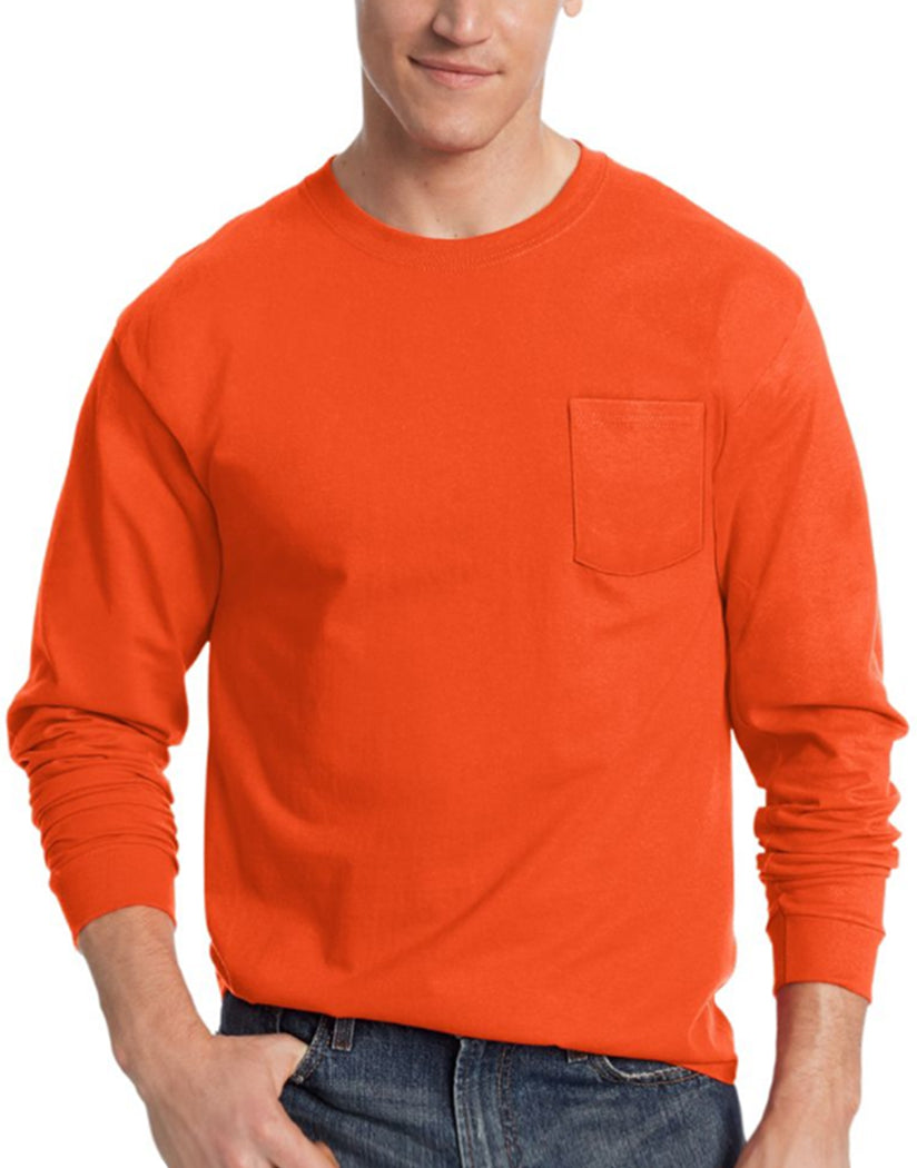 Orange Front Hanes Men's TAGLESSå¨ Long-Sleeve T-Shirt with Pocket 5596