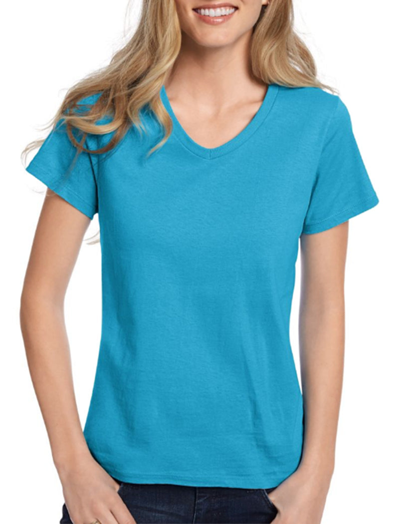 Aquatic Blue Front Hanes Women Relaxed Fit ComfortSoft V-neck T-Shirt 5780
