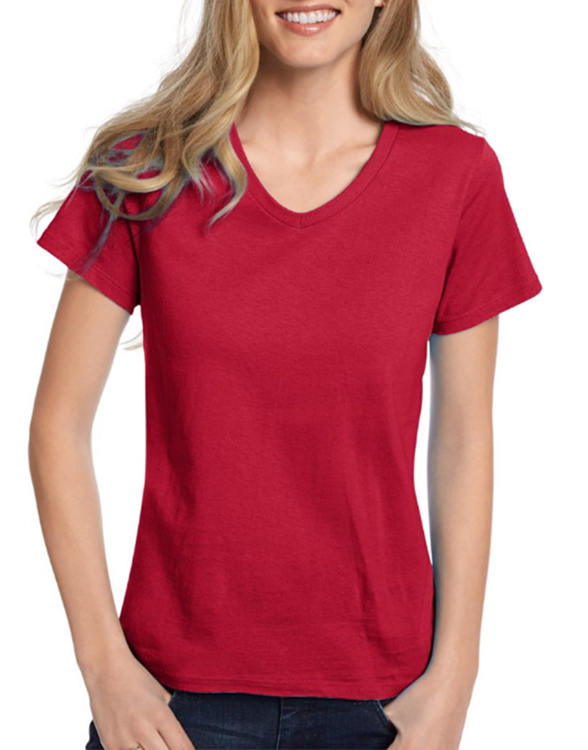 Deep Red Front Hanes Women Relaxed Fit ComfortSoft V-neck T-Shirt 5780