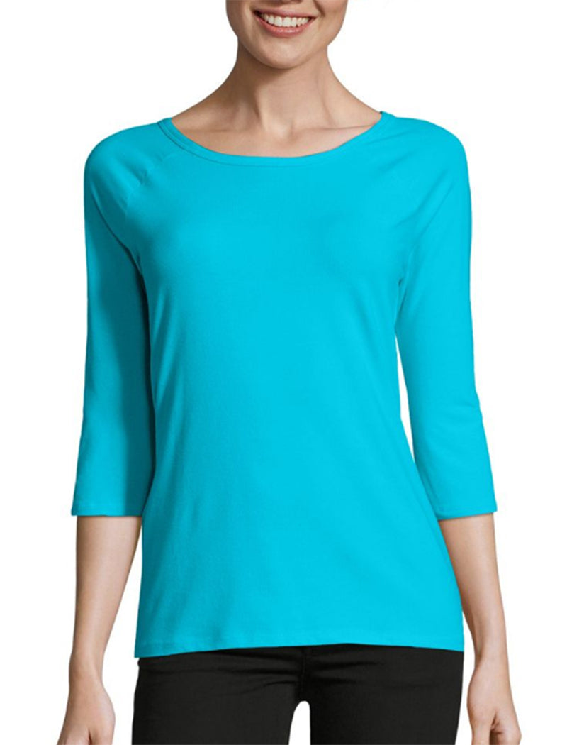 Flying Turquoise Front Hanes Stretch Cotton Women's Raglan Sleeve Tee O9343