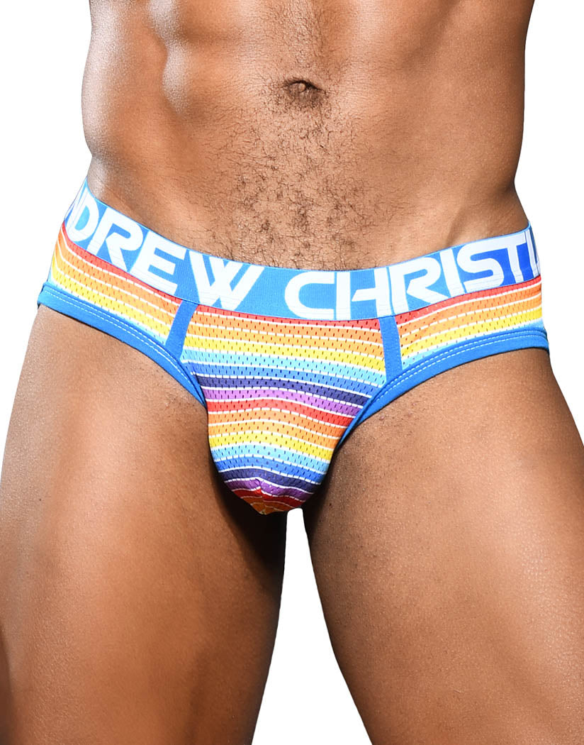 Multi Front Andrew Christian Sunset Stripe Mesh Brief w/ Almost Naked 92061