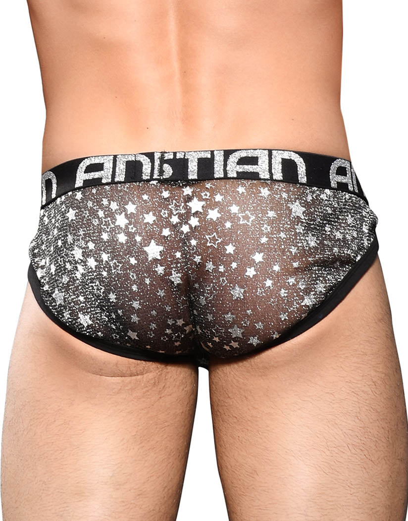Black/Silver Back Andrew Christian Sheer Star Sparkle Brief w/ Almost Naked 92066