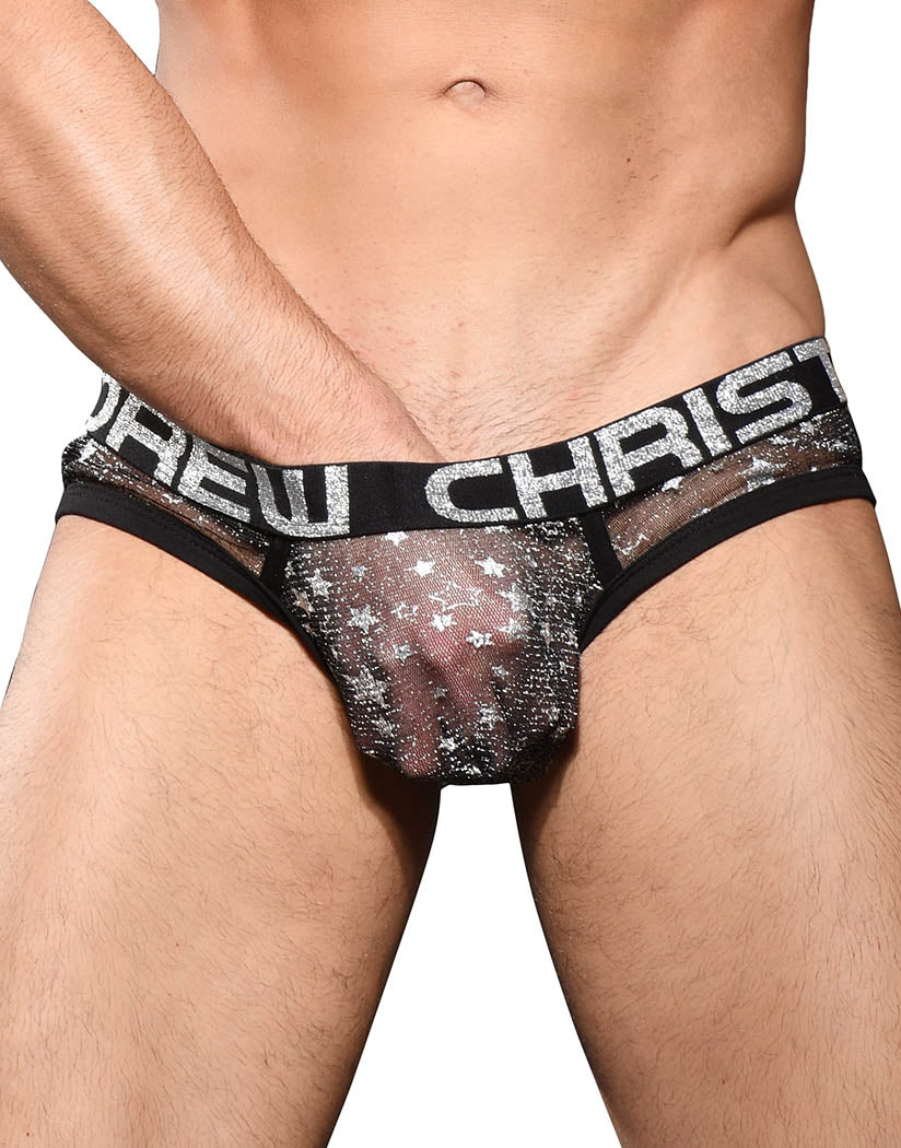 Black/Silver Front Andrew Christian Sheer Star Sparkle Brief w/ Almost Naked 92066