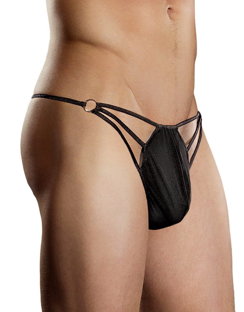 Black Front Male Power Nylon Spandex G-Thong with Straps & Rings PAK-828