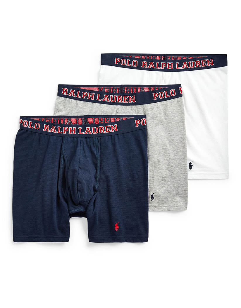 Cruise Navy/ Andover Heather/ White Flat Polo Ralph Lauren Breathable Mesh Boxer Brief 3-Pack RMBBP3