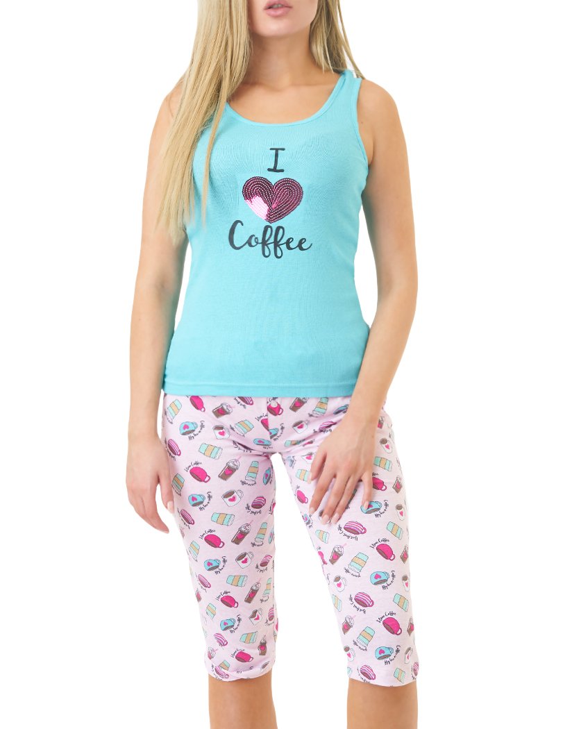 Light Blue Front LALA sleepwear by Rene Rofe I Love Coffee Racerback Capri Set 544969-F582