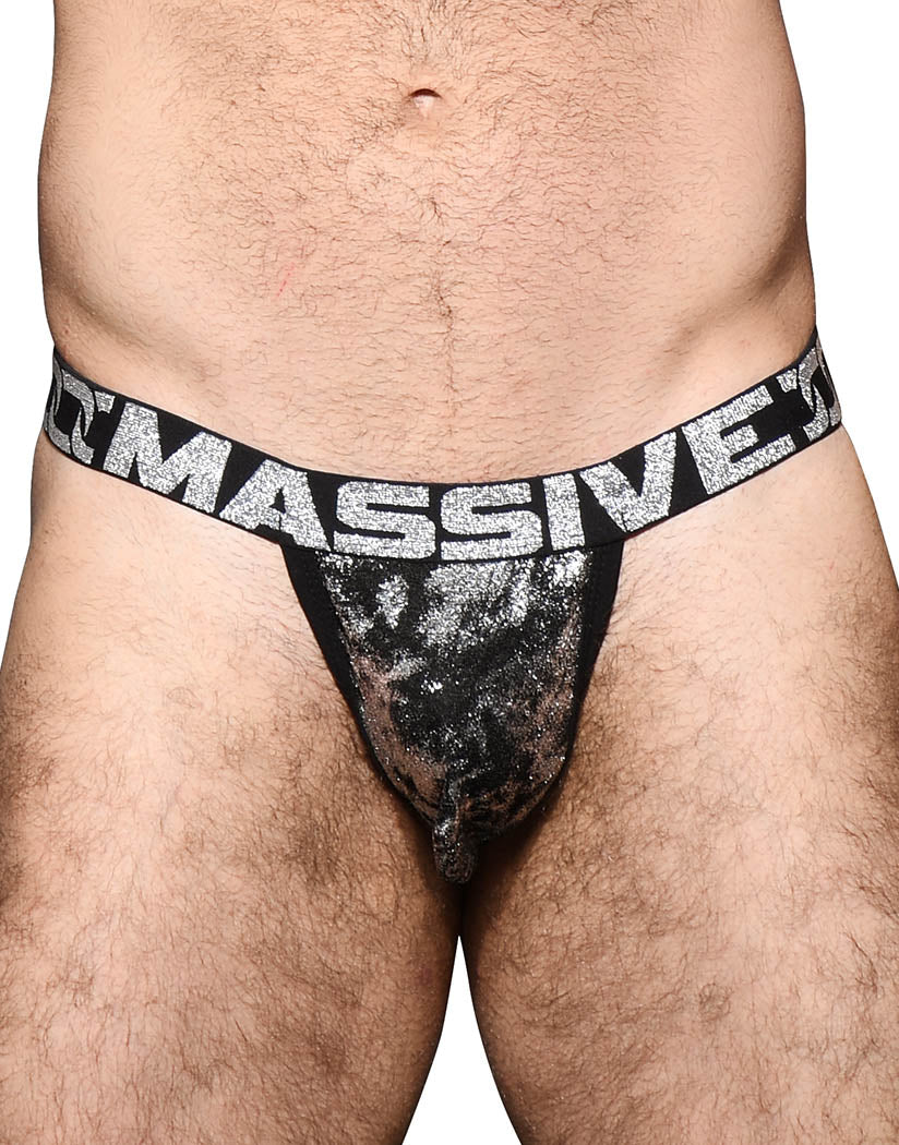 Black/ Silver Front Andrew Christian MASSIVE Sparkle Y-Back Thong 92161
